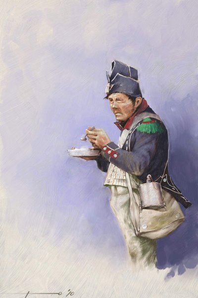Erstes Kaiserreich: Leichter Infanteriesoldat während einer Mahlzeit während eines Feldzugs von Napoleon I. (wahrscheinlich in Russland) Illustration von Alessandro Lonati, 2010 von Alessandro Lonati