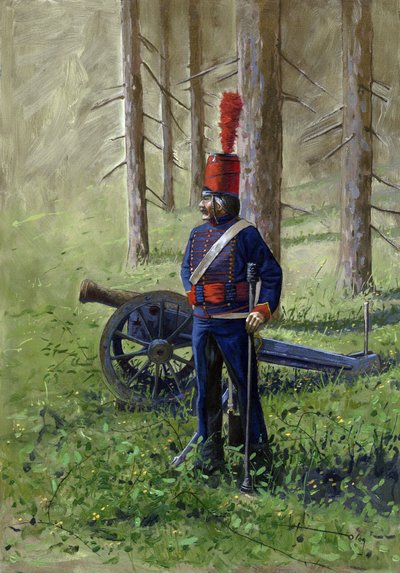Erstes Kaiserreich: Mitglied der revolutionären Artillerie in der Nähe seiner Kanone. Zeichnung von Alessandro Lonati von Alessandro Lonati