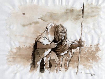 Prähistorie: Darstellung eines Neandertalers im Mittelpaläolithikum von Alessandro Lonati