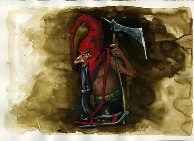 Darstellung einer Rotkappe (Rotkappe, Powrie oder Dunter, Rot-Bonnet) legendäre bösartige Kreatur der Koboldfamilie aus der britischen Folklore Illustration von Alessandro Lonati von Alessandro Lonati