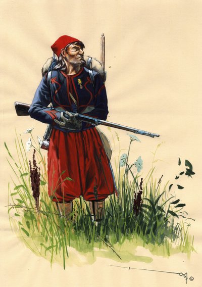 Zweites Kaiserreich (1852-1870): Zuaven-Soldat der französischen Armee von Napoleon III. während der Italienfeldzüge 1859 (Schlacht von Solferino am 24. Juni 1859 oder Schlacht von Magenta am 4. Juni 1859). Zeichnung von Alessandro Lonati von Alessandro Lonati