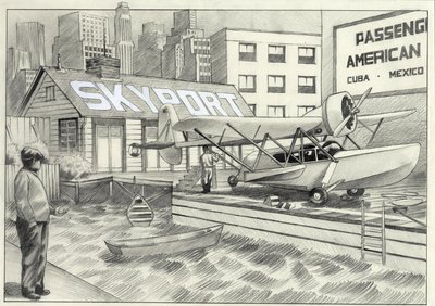 USA, New York: Blick auf den Seehafen mit einem Wasserflugzeug in den 1950er Jahren von Alessandro Lonati