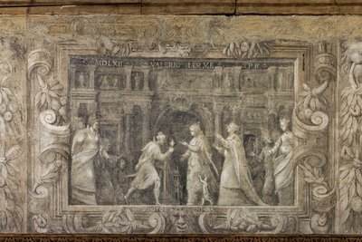 Monochromes Fresko, das Theateraufführungen reproduziert von Alessandro Maganza