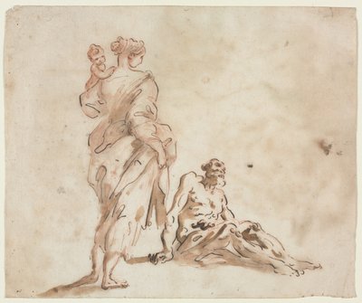 Eine stehende Frau, die ein Kind hält, ein sitzender Mann zu ihren Füßen von Alessandro Magnasco
