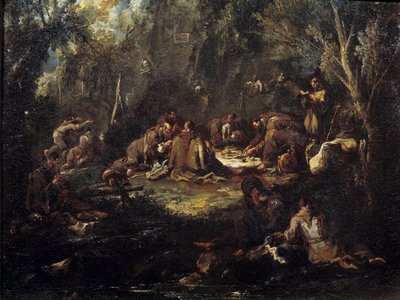 Szene des klösterlichen Lebens: Mönche beim Frühstück, Beten und Lesen im Unterholz. Gemälde von Alessandro Magnasco von Alessandro Magnasco