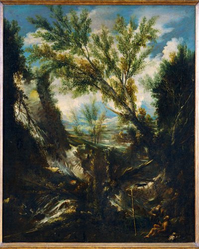 Stürmische Landschaft mit dem Propheten Elija und dem Kirchenvater Hieronymus von Alessandro Magnasco