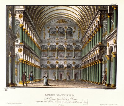 Ein prächtiger Ort: Großer Palastsaal mit Gewölbe Bühnenbild für die Aufführung der Oper „Giulietta e Romeo“ (Juliet und Romeo) (1796) von Niccolo Antonio Zingarelli nach William Shakespeares Stück „Romeo und Julia“ im Teatro Carcano 1829 von Alessandro Sanquirico
