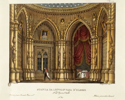 Das Schlafzimmer von Elmire (oder Elmiro) Bühnenbild für die Oper „Otello“ von Gioacchino Rossini (1816) nach William Shakespeares Stück „Othello oder der Mohr von Venedig“ 1830 (Lithographie) von Alessandro Sanquirico