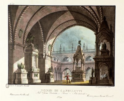 Das Grab der Familie Capulet (Capuleti) Bühnenbild für die Aufführung der Oper „Giulietta e Romeo“ (Juliet und Romeo) (1796) von Niccolo Antonio Zingarelli nach William Shakespeares Stück „Romeo und Julia“ im Teatro Carcano 1829 von Alessandro Sanquirico