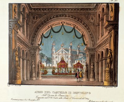 Das Vestibül des Schlosses Montolino in der Bretagne Bühnenbild für die Aufführung der Oper „La straniera“ (1828) von Vincenzo Bellini im Teatro alla Scala im Jahr 1829. Lithographie in „Raccolta di invenzioni sceniche del 1830 di Alessandro Sanquirico von Alessandro Sanquirico
