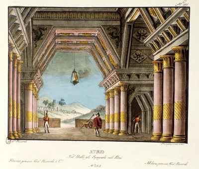Ansicht eines großen Palastraums. Bühnenbild für das Ballett „Gli spagnoli nel Peru“ von Giovanni Galzerani (1780-1865) (1828). Lithographie in „Raccolta di invenzioni sceniche del 1830“ von Alessandro Sanquirico (1777-1849). Mailand von Alessandro Sanquirico