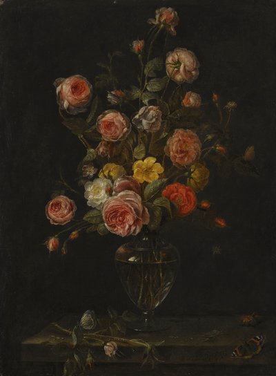 Ein Stillleben mit roten, weißen und rosa Rosen in einer Glasvase über einem Steinsims mit Schmetterlingen, einer Heuschrecke und einem Käfer von Alexander Adriaenssen