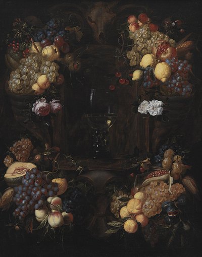 Kartusche mit Fruchtgirlanden und einem Weinglas von Alexander Coosemans