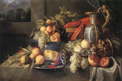 Früchtestillleben mit Hummer und Brot, vergoldetem Akelei-Pokal, niederländischer Fayence-Kanne, Zinnteller und venezianischem Flügelglas von Alexander Coosemans
