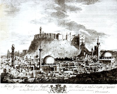 Ein Blick auf die Stadt und das Schloss von Aleppo, Syrien, 1754 von Alexander Drummond