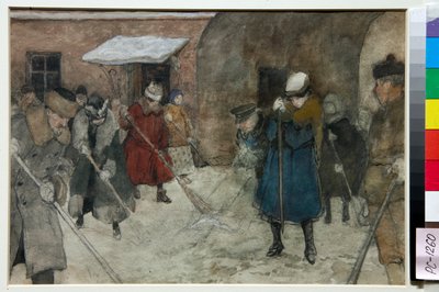 Menschen fegen Schnee auf einer Straße im Winter von Alexander Vakhrameyev