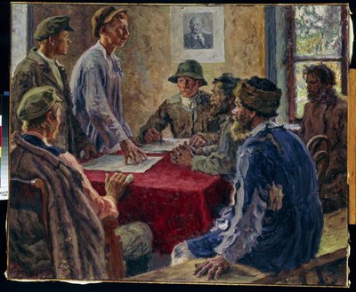 Eine Sitzung des Komitees der armen Bauern im Jahr 1918 von Alexander Viktorovich Moravov