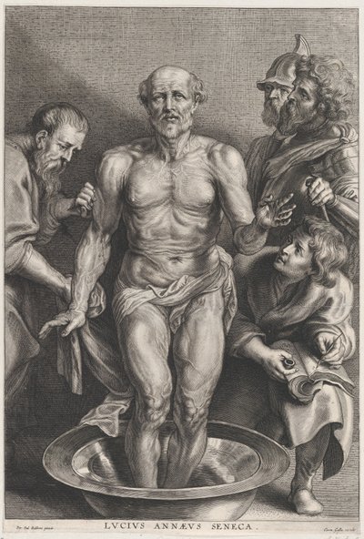 Der Tod des Seneca, stehend in der Mitte mit den Füßen in einem Wasserbecken, unterstützt..., ca. 1655-78 von Alexander Voet