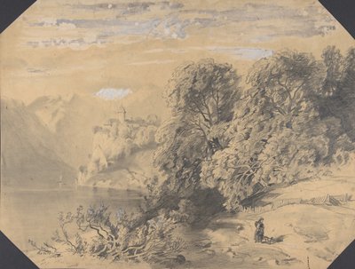 Frau mit Hund an einem Bergsee, frühes bis mittleres 19. Jahrhundert von Alexandre Calame