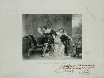 Die Briefszene aus der Oper Der Barbier von Sevilla von Rossini, graviert von Villain de Sevres von Alexandre Evariste Fragonard