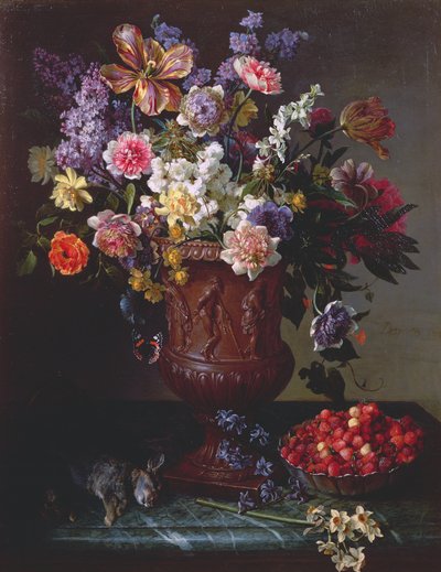 Blumen in einer skulptierten Urne mit einer Schale wilder Erdbeeren und einem Hasen auf einem Sims, 1715 von Alexandre Francois Desportes