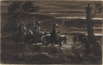 Drei arabische Reiter überqueren einen Fluss von Alexandre Gabriel Decamps