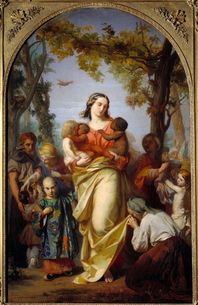 Universelle Nächstenliebe. Personifikation der Nächstenliebe, die die verschiedenen Völker der Welt in ihren Armen hält von Alexandre Laemlein