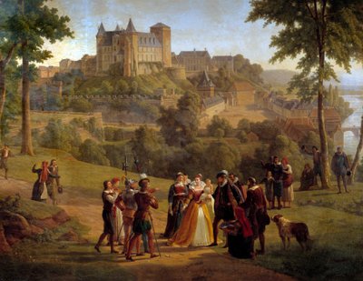 Ansicht des Schlosses von Pau, wo Heinrich IV. geboren wurde, aus dem großen Park. Detail, das eine Gruppe von Menschen darstellt, wahrscheinlich bestehend aus Jeanne d