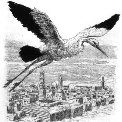 Ein Storch fliegt über ein nordafrikanisches Dorf von Alexandre Lunois