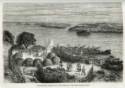 Das Lager befestigt die Expedition, um sich vor den Kannibalen Mouana Ntaba, nahe dem Fluss Leopold (Kongo), zu schützen, Zeichnung von A. De Bar, zur Illustration der Geschichte Durch den geheimnisvollen Kontinent, eine Reise zwischen 1874-1877, von Sir H von Alexandre de (after) Bar