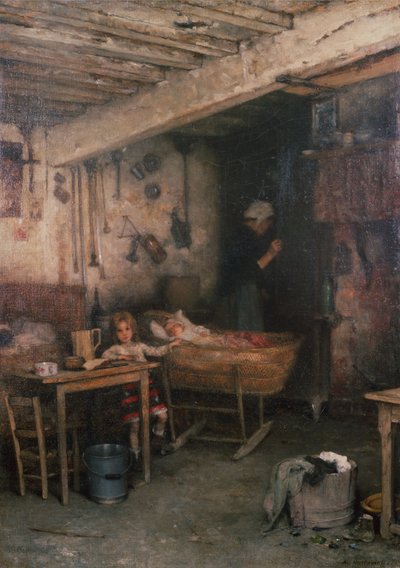 Kinder in einem Cottage-Inneren von Alexei Alexevich Harlamoff