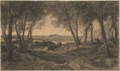 Ein Paar sitzt zwischen Bäumen über einem See von Alfred Bellet du Poisat