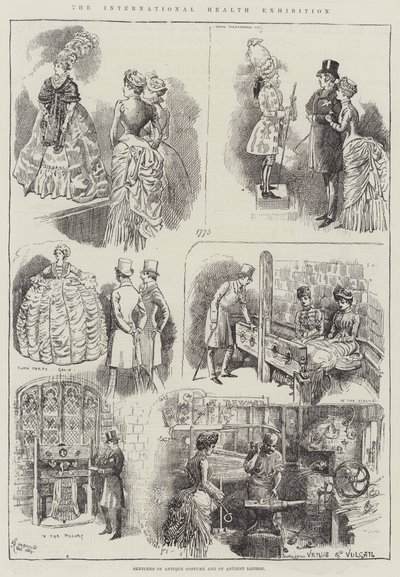 Die Internationale Gesundheitsausstellung, Skizzen von antiken Kostümen und von Alt-London von Alfred Courbould