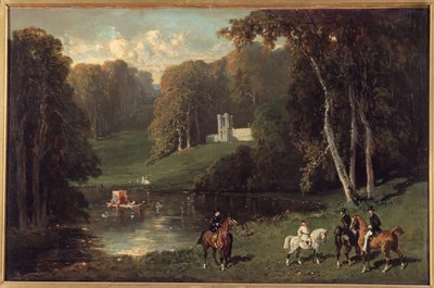 Reiter und Amazonen am Ufer eines Sees. Gemälde von Alfred de Dreux (1810-1860) 19. Jahrhundert von Alfred Dedreux