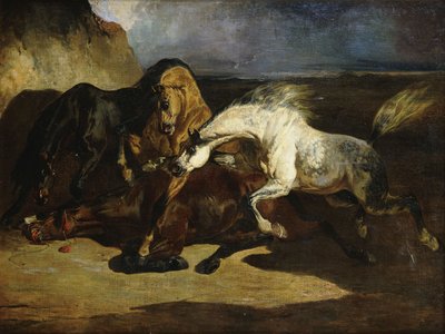 Hengste kämpfen in einer stürmischen Landschaft von Alfred Dedreux