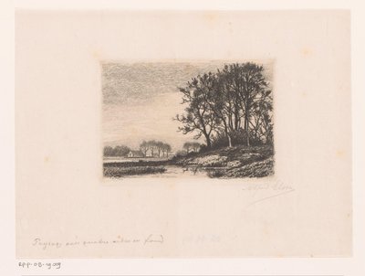 Landschaft mit Bäumen auf einem Hügel am Wasser von Alfred Elsen