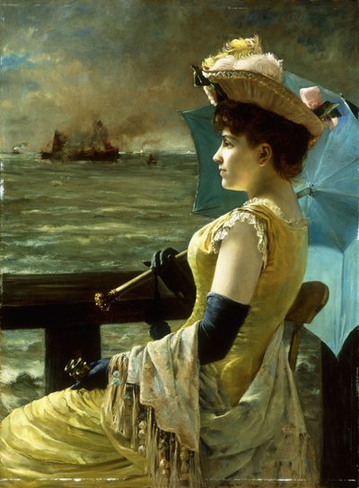 Eine Dame mit Sonnenschirm, die aufs Meer blickt von Alfred Emile Stevens