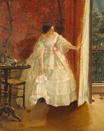 Dame am Fenster, die Vögel füttert, ca. 1859 von Alfred Emile Stevens