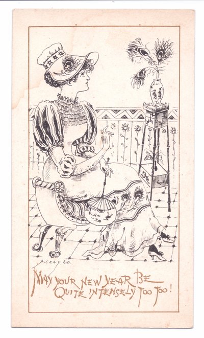 Viktorianische Neujahrskarte eines Ästheten, der eine Vase mit Pfauenfedern bewundert, ca. 1881 (monochrom) von Alfred Gray