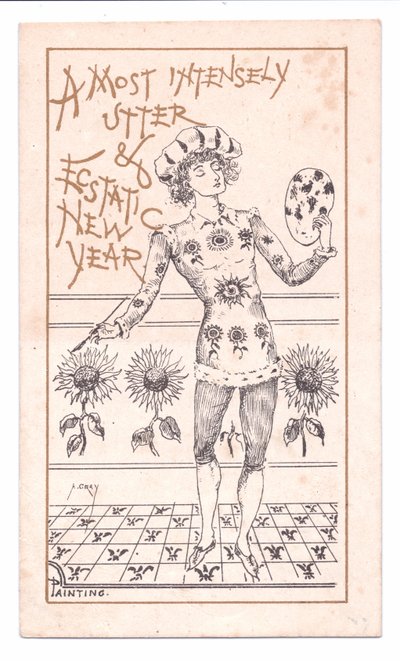 Viktorianische Neujahrskarte von einem ästhetischen Künstler beim Malen, ca. 1881 von Alfred Gray