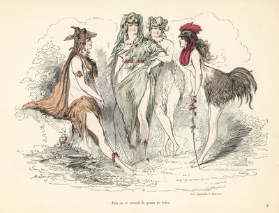 Frau in Kostümen aus Tierfellen, Köpfen und Federn von Alfred Grevin
