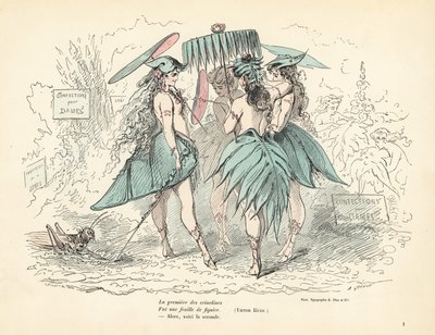 Frauen nur in Feigenblattkleidern und Hüten, die Blattpaare halten von Alfred Grevin