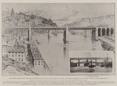 Die neue Hochbrücke in Newcastle-on-Tyne (die größte seit der Forth-Brücke), wie sie nach Fertigstellung aussehen wird von Alfred Hugh Fisher