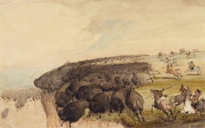 Büffelherden über einen Abgrund treiben, ca. 1837 von Alfred Jacob Miller