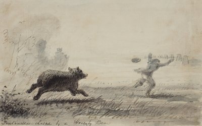 Fontenelle verfolgt von einem Grizzlybär, um 1837 von Alfred Jacob Miller