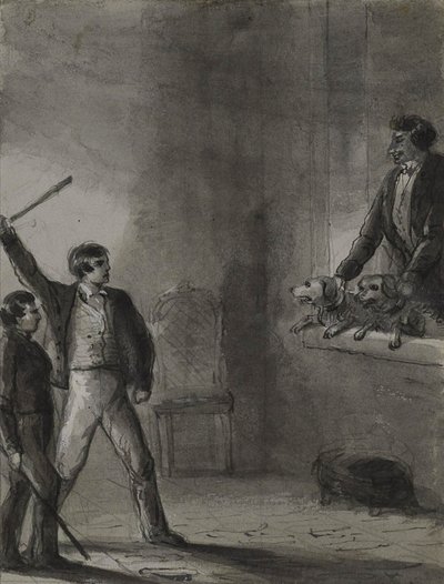 Zwei Jungen mit erhobenen Stöcken, während Mann und Hunde aus einem Fenster schauen von Alfred Jacob Miller