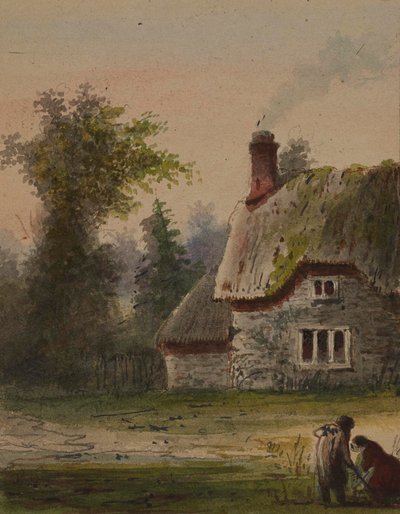 Zwei Figuren vor einem Cottage von Alfred Jacob Miller