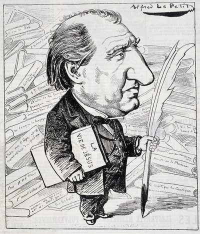 Karikatur von Ernest Renan mit „Das Leben Jesu“ unter dem Arm - in „Le Charivari“ vom 11.07.1883. von Alfred Le Petit