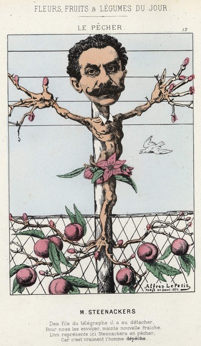 Der Pfirsichbaum: Karikatur auf Steenackers - Illustration vom 30.01.1871 in „Blumen, Früchte und Gemüse des Tages“ von Alfred Le Petit