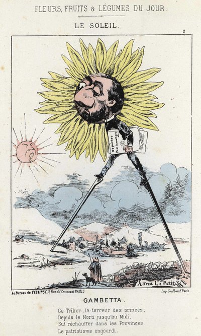 Le Soleil (Sonnenblume): Karikatur über Gambetta (1838 - 1882) - Ill. vom 12.01.1871 in „Blumen, Früchte und Gemüse des Tages“ von Alfred Le Petit